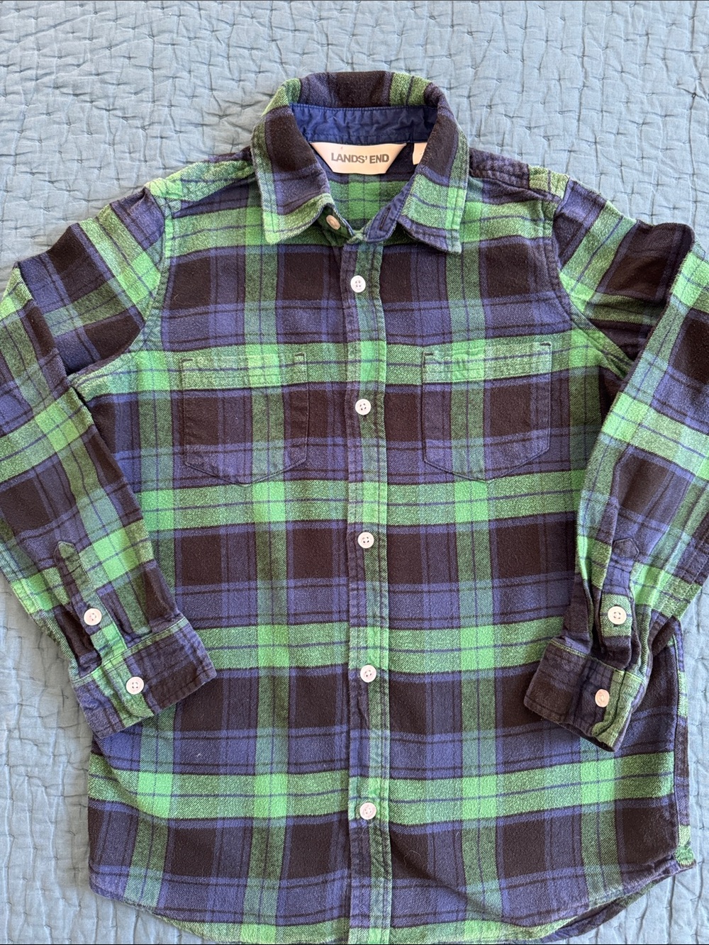 Lands' End Kid’s L Green & Blue Plaid Flannel Button-Down Shirt